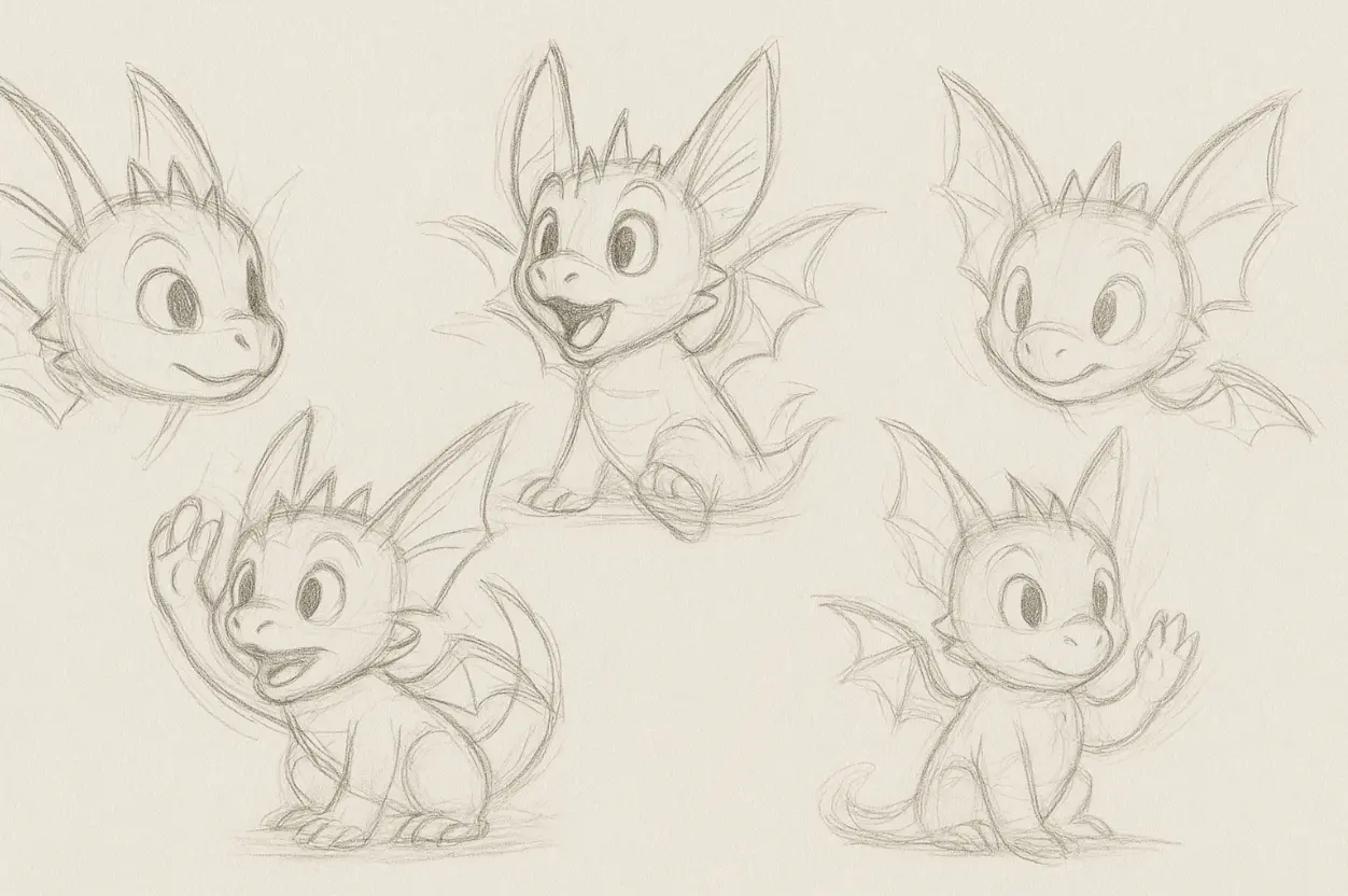 Hand-drawn sketches of the Doca character